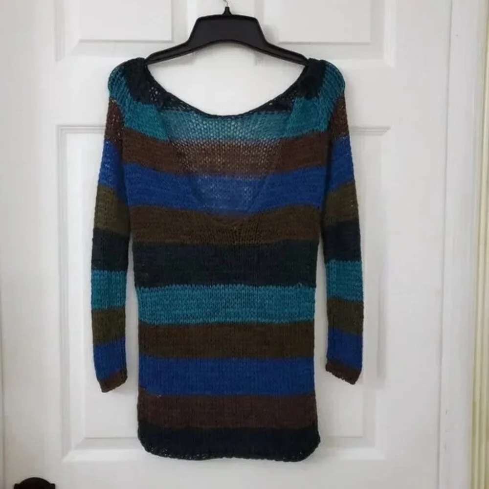 Theory Striped Knit Yarn Crochet Scoop Back Academia Edgy Grunge Sweater